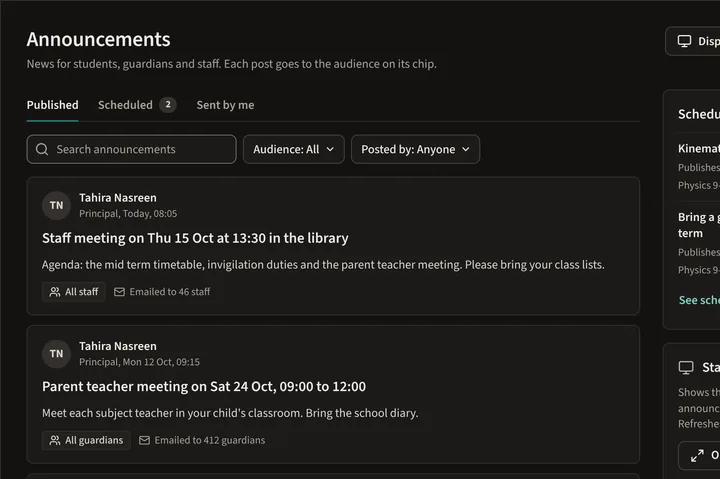 Announcements: published posts with their audience, and scheduled posts