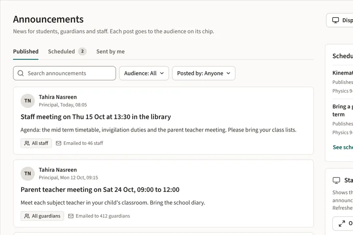 Announcements: published posts with their audience, and scheduled posts