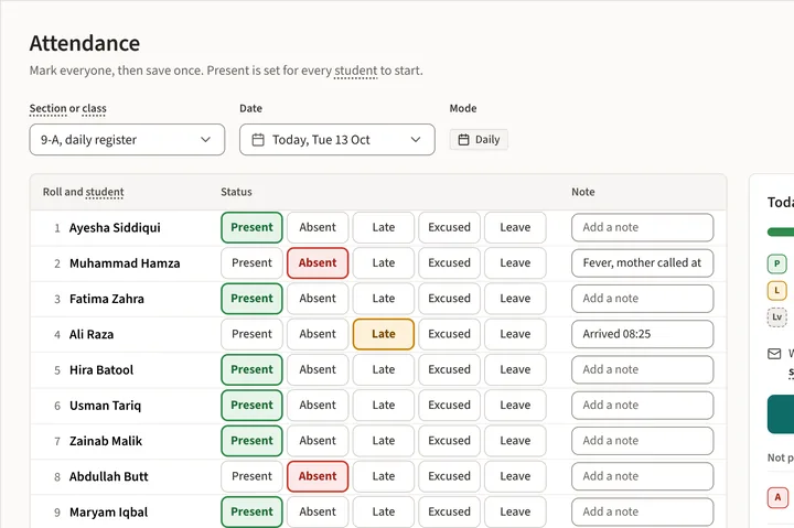 Taking attendance for 9-A: each student marked present, absent, late, excused or on leave