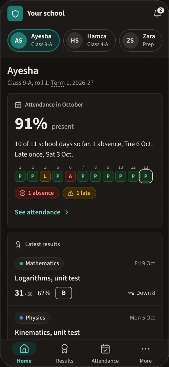 A parent's home page on a phone with a switcher for each child