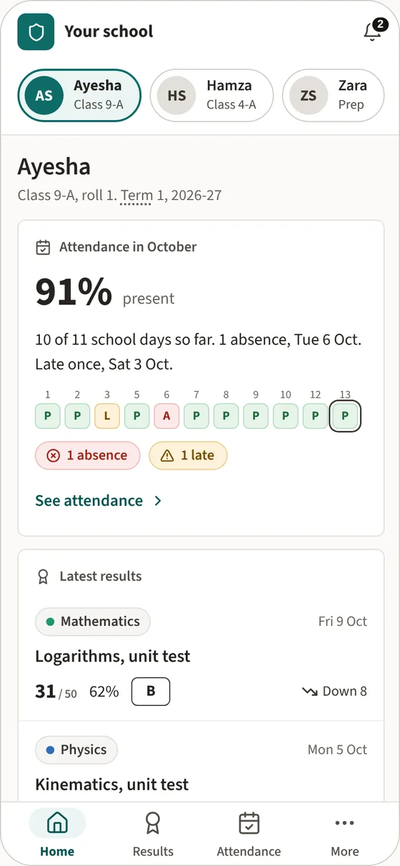 A parent's home page on a phone with a switcher for each child