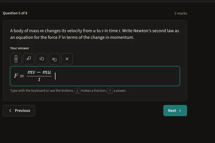 A student answering an online quiz question, with a question navigator and the time left