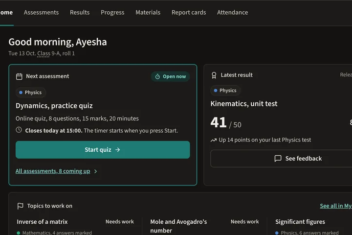 A student's home page: the next assessment, the latest result and topics to work on