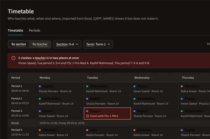 The weekly timetable for one section, with a clash highlighted