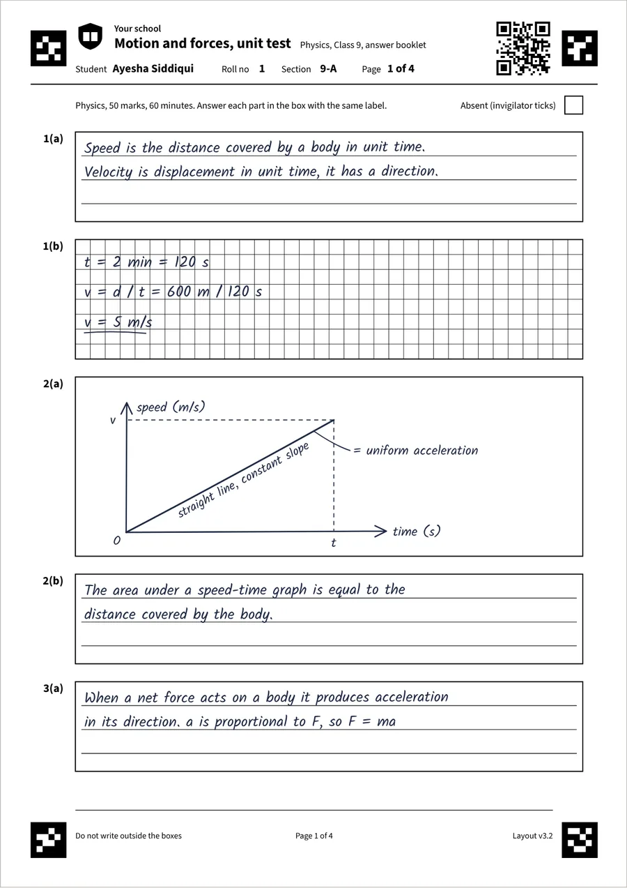 A printed answer booklet page with the student's name, a QR code and four black corner markers, filled in by hand