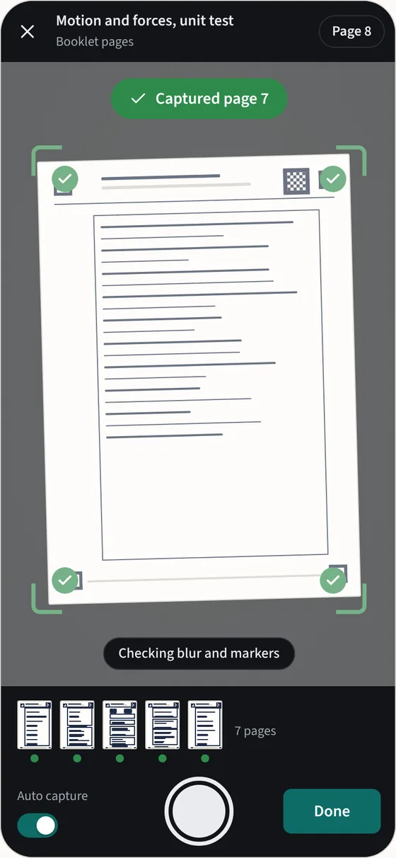 A phone camera capturing a booklet page once all four corner markers are found