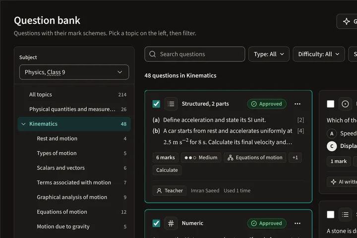 The question bank filtered to Kinematics, with question cards showing type, marks, difficulty and topic