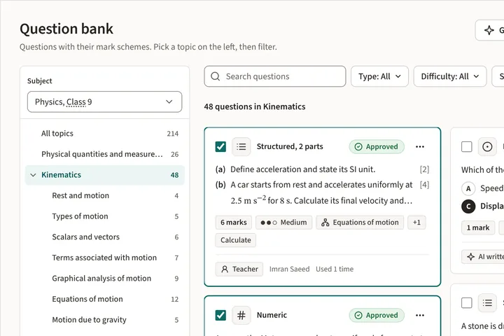 The question bank filtered to Kinematics, with question cards showing type, marks, difficulty and topic