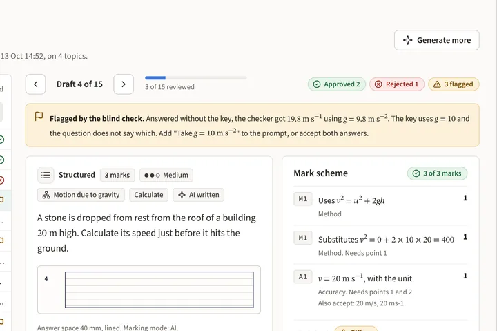 A drafted question flagged by the blind check, with its mark scheme and Approve, Edit and Reject