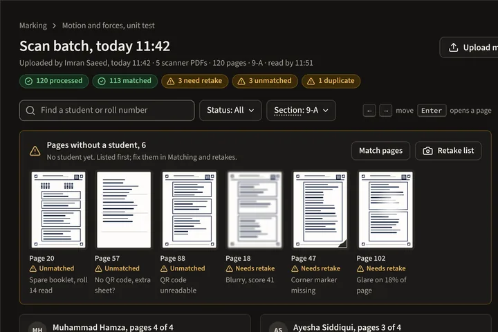 A scan batch: page thumbnails grouped by student with their status, and missing pages listed on the right