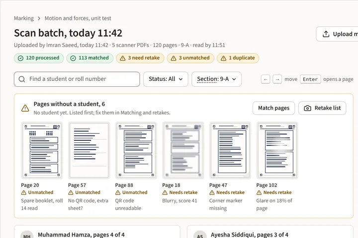 A scan batch: page thumbnails grouped by student with their status, and missing pages listed on the right
