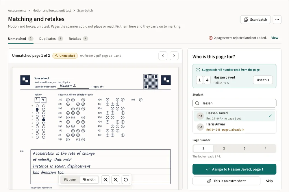 Matching and retakes: an unmatched spare booklet page with the suggested student, ready to assign