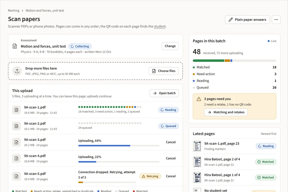 Scan papers: PDFs uploading, with the pages in this batch counted as matched, needing retake or still reading