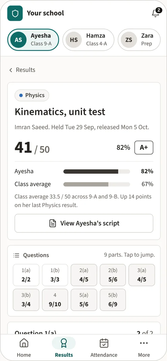 A parent's view of a child's results on a phone