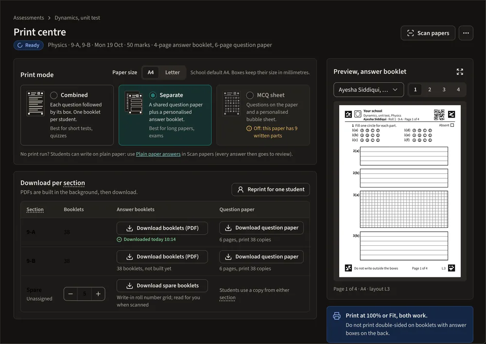 The print centre: print mode, a preview page with QR code and markers, and downloads per section