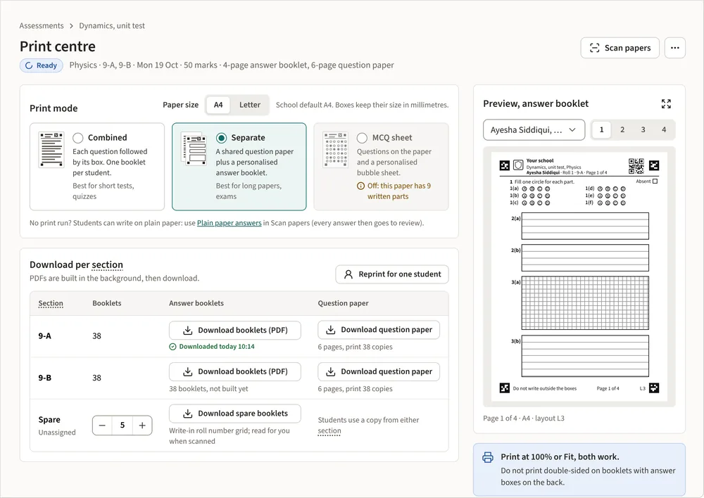 The print centre: print mode, a preview page with QR code and markers, and downloads per section