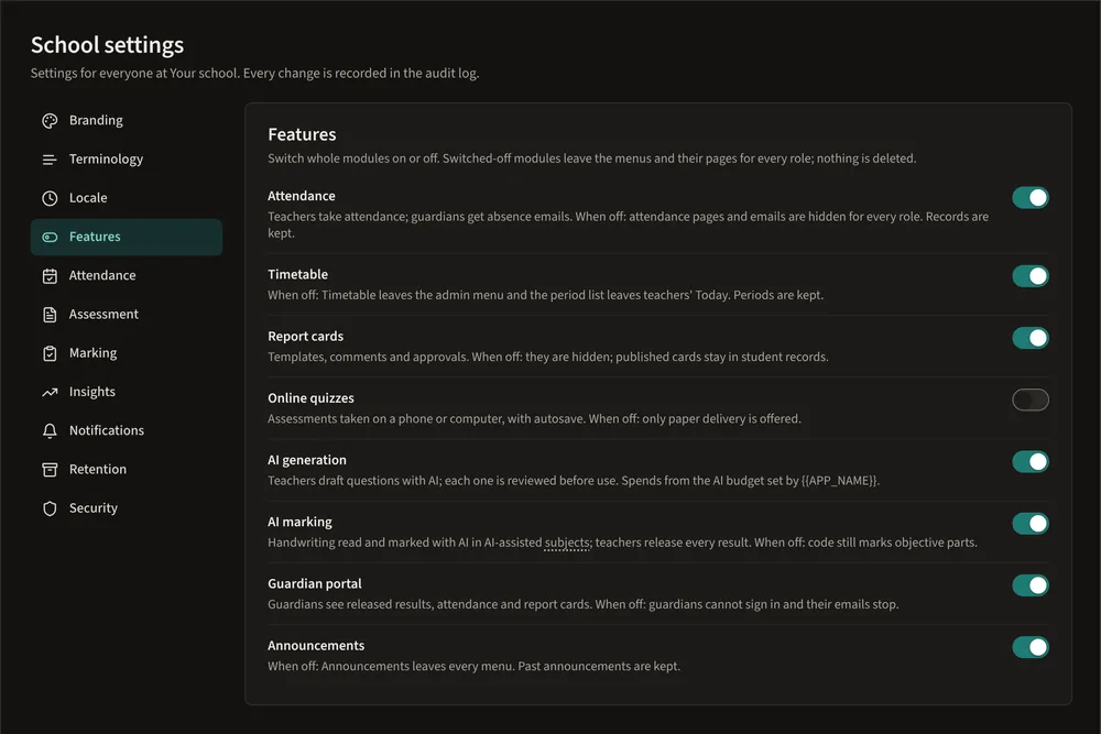 School settings, Features tab: switches for attendance, timetable, report cards, online quizzes, AI generation, AI marking, guardian portal and announcements