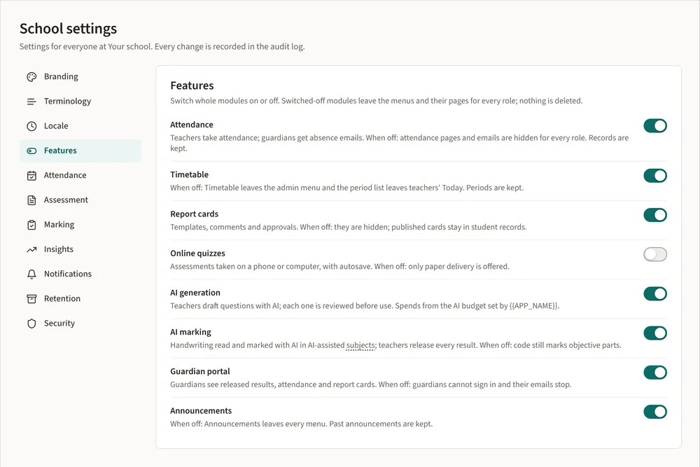 School settings, Features tab: switches for attendance, timetable, report cards, online quizzes, AI generation, AI marking, guardian portal and announcements