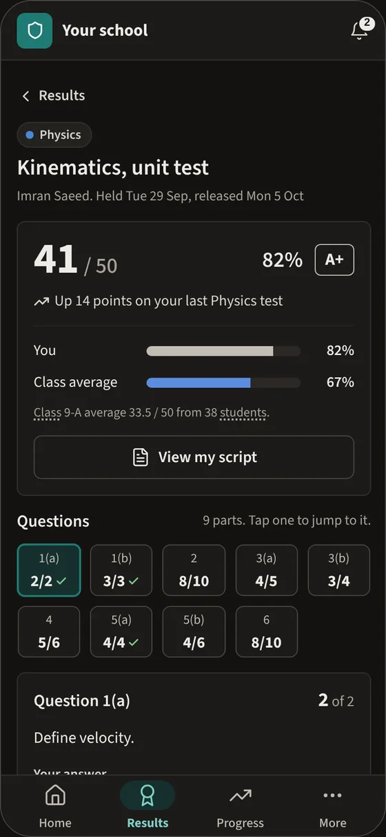 A student's result on a phone: the score, the band and feedback for each question