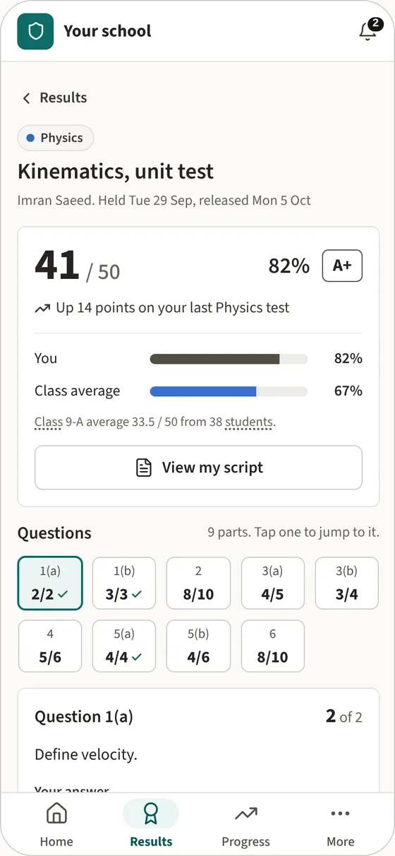 A student's result on a phone: the score, the band and feedback for each question