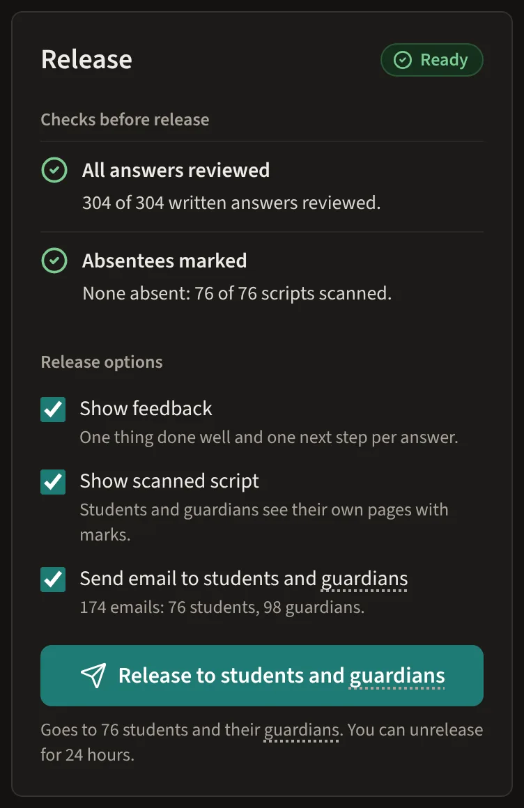 The release panel: checks before release, release options, and the button to release results to students and guardians