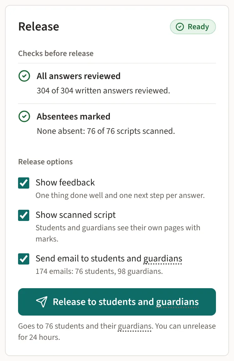 The release panel: checks before release, release options, and the button to release results to students and guardians
