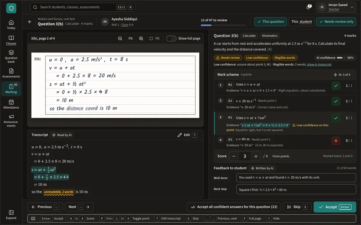 The teacher's review screen: a student's handwritten answer on the left with its transcript, and on the right the question, the mark scheme with the AI's suggested marks, the score and the feedback