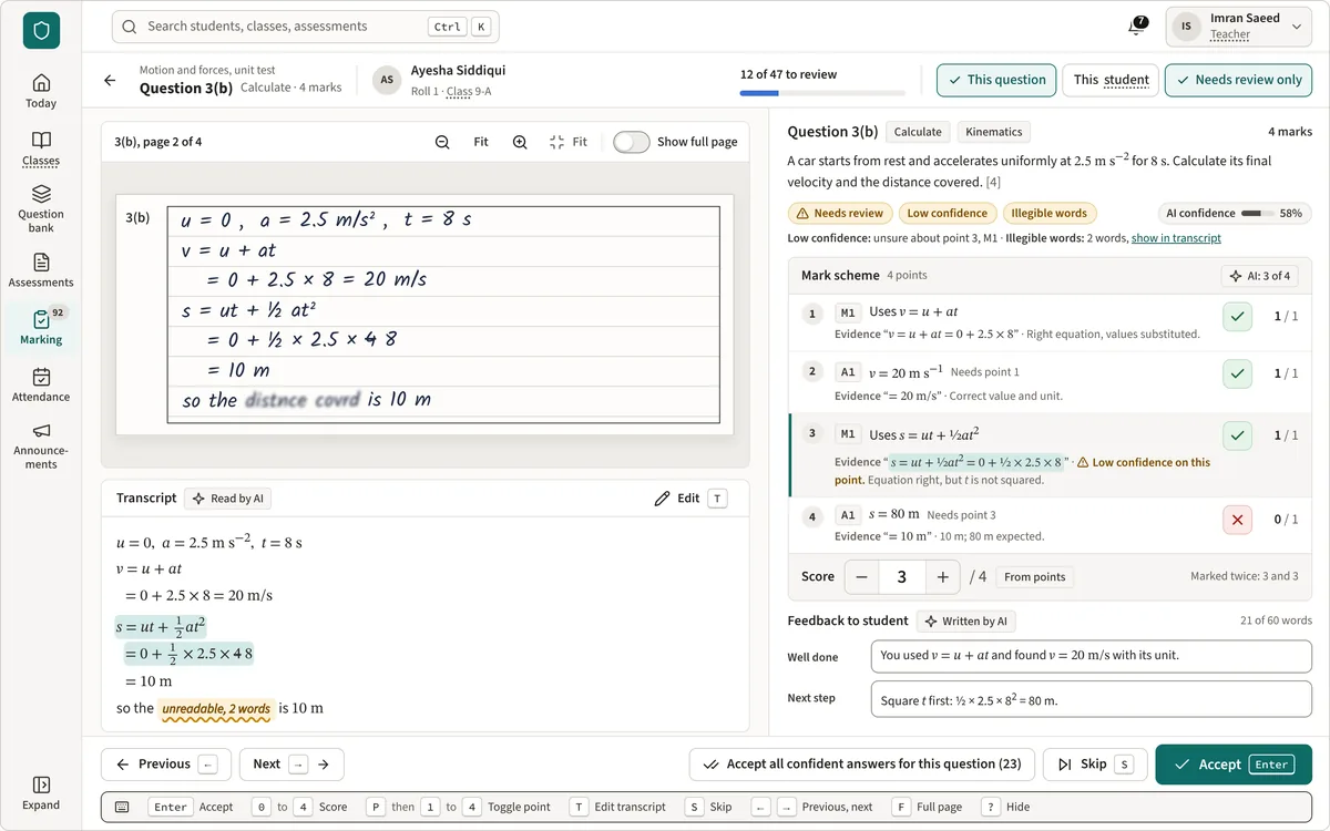 The teacher's review screen: a student's handwritten answer on the left with its transcript, and on the right the question, the mark scheme with the AI's suggested marks, the score and the feedback
