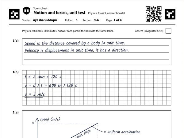 The top of a printed booklet page: the student's name, roll number, QR code and corner markers