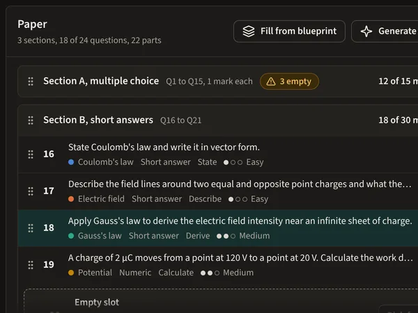 A paper being built: sections of questions with their marks, and the running total