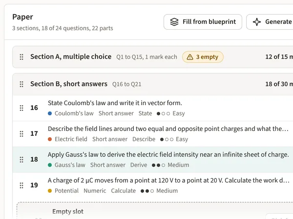 A paper being built: sections of questions with their marks, and the running total